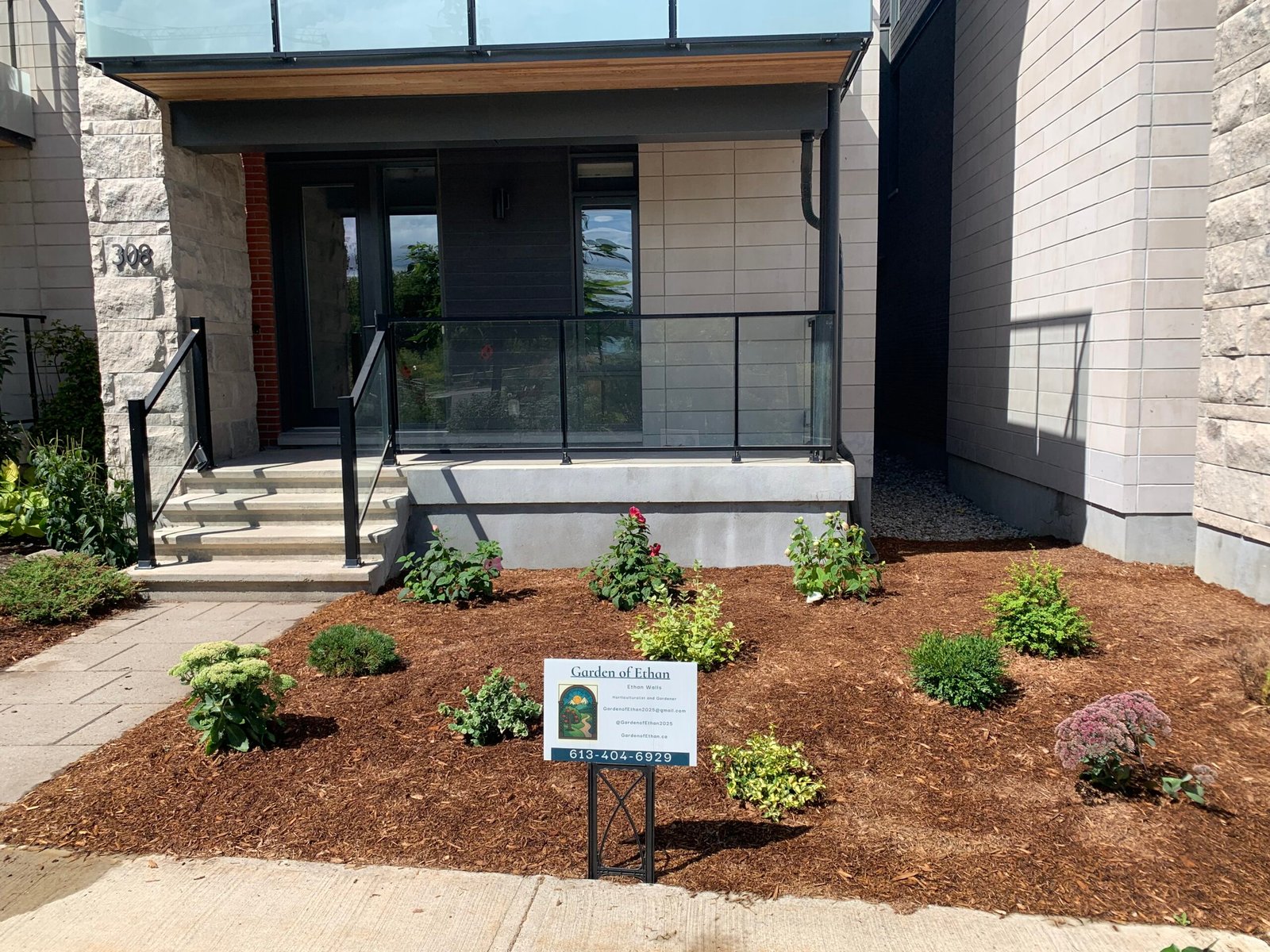 After: the townhouse garden has fresh brown mulch, neatly spaced shrubs and flowering plants.